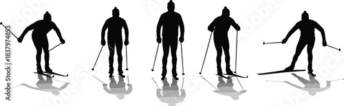 Cross-country skiing athletes silhouette set collection of five black figures on white background showing winter sport activity vector illustration