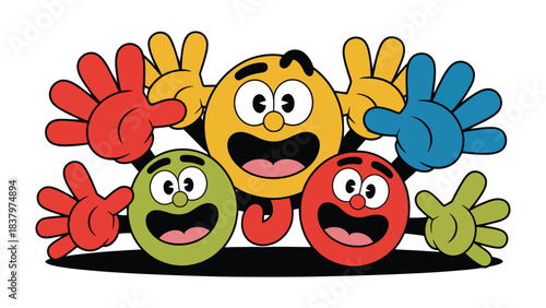 Joyful Ensemble: An illustrated collection of playful figures radiates cheer, displaying vibrant colors and contagious enthusiasm.