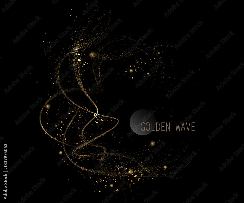 Fototapeta premium An isolated gold wavy circular frame made of fine tinsel on a black background.