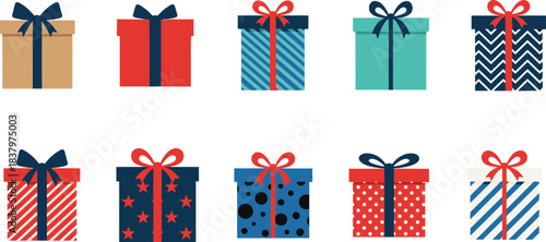 Large Collection of Colorful Christmas and Holiday Gift Boxes with Bows, Ribbons, and Various Patterns Vector Set for Celebration Design.