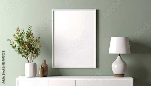 A vertical white framed rectangle hangs on a pale green wall, above a white console table. Decor includes a vase with plants, two small brown vessels, and a lamp