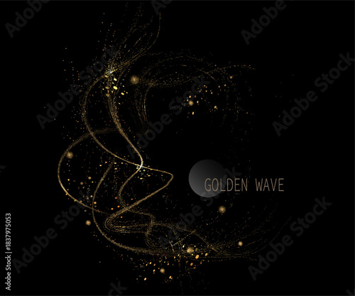 An isolated gold wavy circular frame made of fine tinsel on a black background.