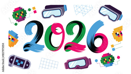 Future in Sight: a vibrant and creative composition announcing the year 2026, alongside augmented reality and virtual reality devices and visual elements.