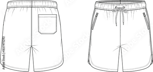 Men's Athletic Shorts Technical Fashion Illustration Flat Sketch Vector Template with Elastic Waistband, Drawcord, and Zippered Pockets for Sportswear.