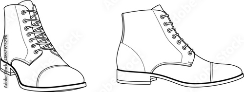 Men's Cap Toe Ankle Boots Technical Fashion Illustration Flat Sketch Vector Template with Lace-Up Detail and Low Heel for Shoe Design.