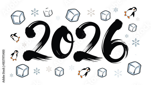 New Year 2026 Celebration: Illustrative composition with ice, snowflakes and penguins, symbolizing winter, celebration, future vision for new years eve