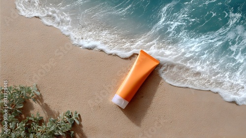 Fototapeta Naklejka Na Ścianę i Meble -  Orange sunscreen tube on sandy beach by the sea