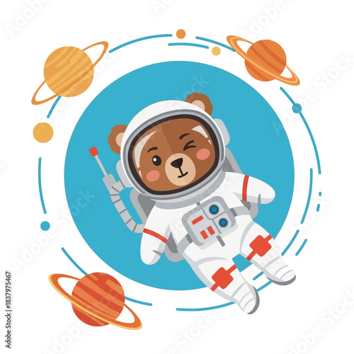 Cute cartoon bear astronaut winking in a spacesuit.