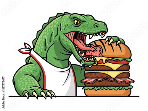 A cartoon green dinosaur wearing a white apron and bandana, eagerly devouring a giant, multi-layered hamburger.