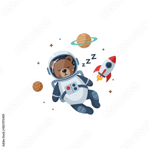Cute Sleeping Bear Astronaut Floating in Space with Planets and Rocket.