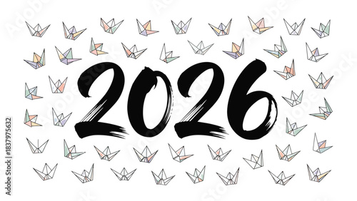 2026 Wishes: a creative composition featuring a stylized calligraphy year 2026  amidst a multitude of origami cranes. It symbolizes hopes, dreams, and new beginnings for the approaching year. 