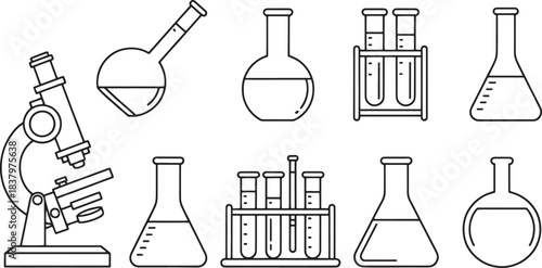 Black and white line art icons of laboratory equipment on a white background science microscope