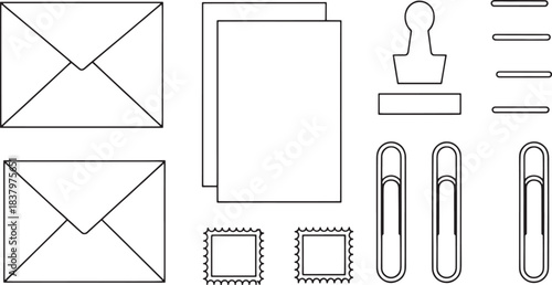 A collection of black line art stationery items including envelopes paper clips and stamps mail letter
