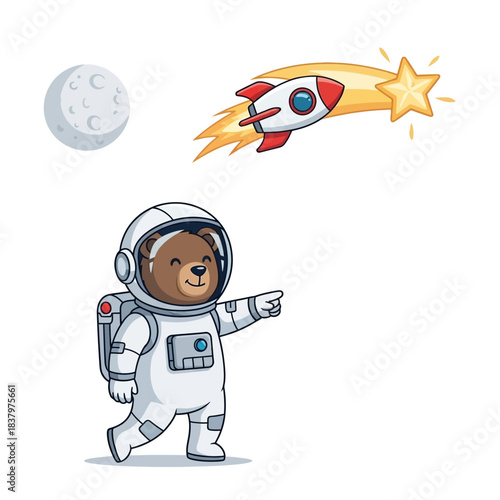 Cute Bear Astronaut Pointing at a Rocket and Star in Space.