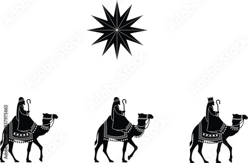 Three Wise Men Magi on Camels Black Silhouette Vector Illustration with Christmas Star of Bethlehem, Religious Epiphany Celebration Element.