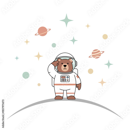 Cute Bear Astronaut Saluting in Space with Planets and Stars.