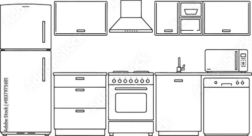 Black and white line art kitchen appliances including refrigerator stove dishwasher microwave and cabinets