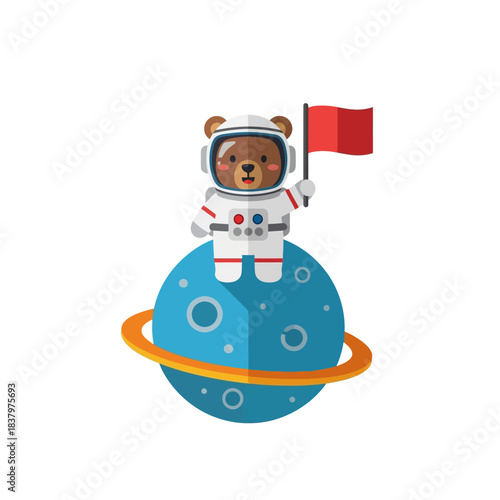 Cute Bear Astronaut Standing on a Planet with a Red Flag.