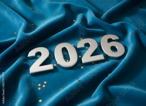 Silver 2026 Numbers on Luxury Blue Fabric with Golden Stars