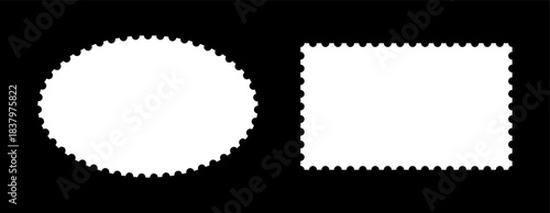 Backdrops for postcards, letters, empty borders. Postage stamp template frames set.Rectangular and oval vintage blank stamps. Labels, tag, coupons, boxes with curvy, wiggly, wavy perforated edges.