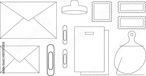 Black outline stationery items including envelopes paper clips stamps and notepad mail letter