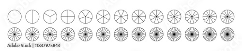 Parts of diagram wheel from 1 to 26 segments. Pie chart template. Coaching blank. Segmented charts. Sectors divide the circle on equal parts. Outline black graphics. Set of pie charts, pizza charts.