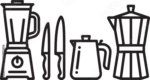 Black outline icons of kitchen appliances and utensils on white background blender knife