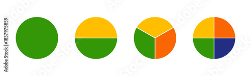 Multicolored pizza charts, pies segmented on from 1 to 4 equal parts. Multicoloured diagrams infographic. Circle section graph. Wheels divided in sections. Loading bar mockup. Pie, pizza chart layout.