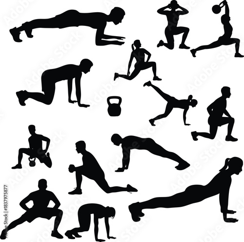 Bodyweight and Kettlebell Workout Silhouettes, Fitness Exercise Silhouettes Vector Set, Bodyweight and Kettlebell Training Figures, silhouette, vector, illustration.