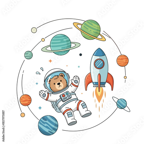 Cute cartoon bear astronaut character floating in outer space.