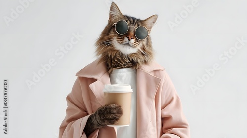 A stylish cat wearing sunglasses and a coat holds a coffee cup