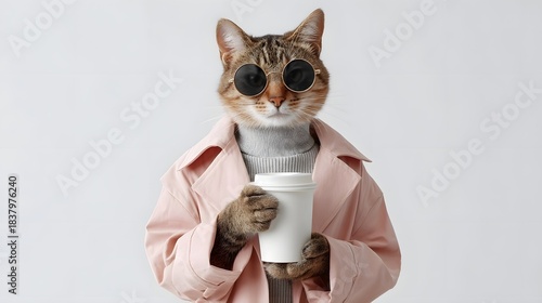 Stylish cat in sunglasses and coat holds coffee