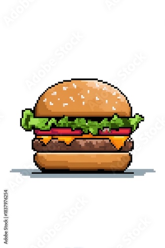 Pixel art hamburger with cheese and lettuce