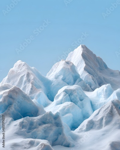 Stylized snow capped mountain peaks under a clear blue sky