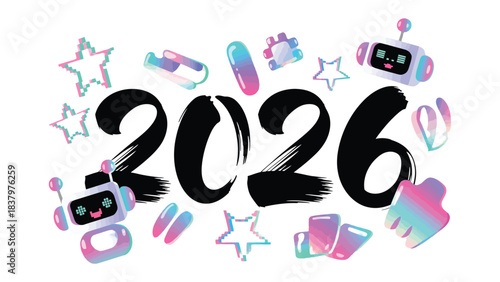 Envisioning the Year 2026: A futuristic digital illustration of the year 2026, combining elegant typography with symbolic elements of technology and innovation. Reflecting the promises of tomorrow.