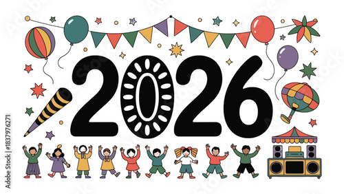 Festival 2026: An illustrated depiction of jubilant children gathered, heralding the arrival of the year 2026 amid a cheerful festive atmosphere.