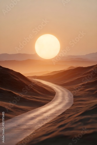 A winding desert road at sunset with a vast sun
