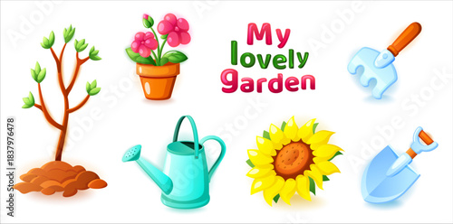 Cute colorful vector set of gardening icons including plants, tools, watering can and flowers. Isolated on white background. Perfect for kids design, garden apps, education and spring themes.