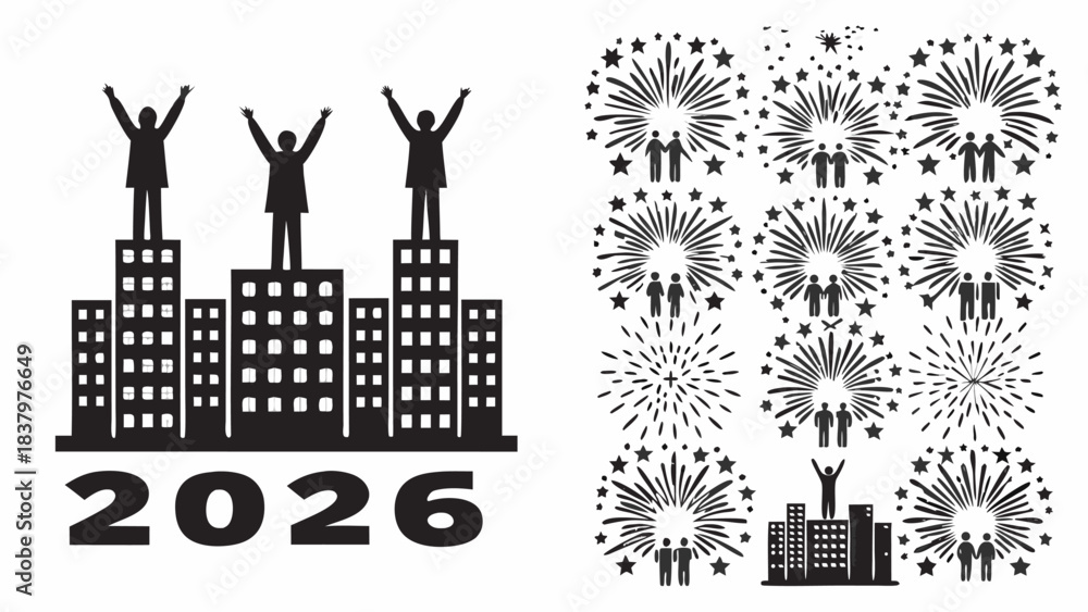 Obraz premium Silhouette Vector of a Modern City Skyline with High Buildings at Dusk