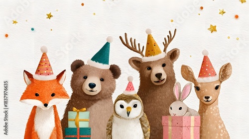 Cute forest animals celebrating with party hats and gifts