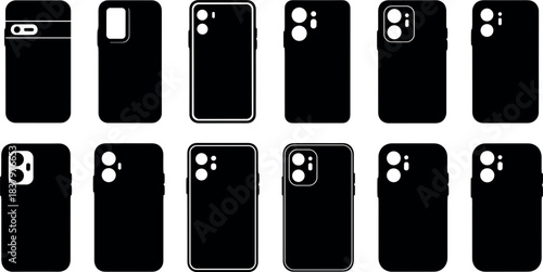 Collection of smartphone silhouette icons featuring various camera layouts and device styles for mobile UI, tech design, and illustrations