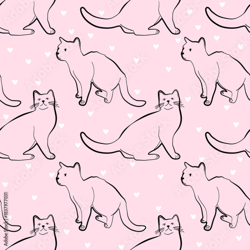 Seamless pattern with cat poses in clean lineart, ideal for stationery, fabric, packaging and cozy pet-themed designs