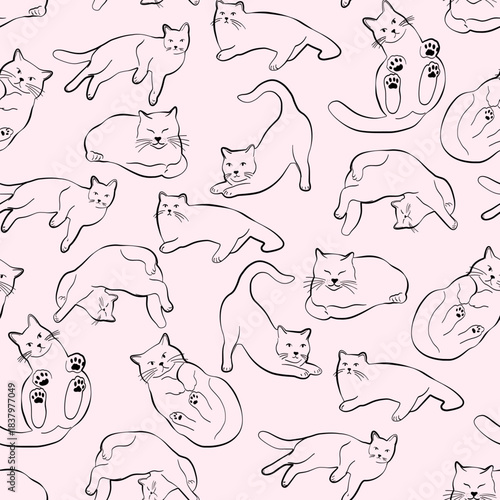Seamless pattern with cat poses in clean lineart, ideal for stationery, fabric, packaging and cozy pet-themed designs