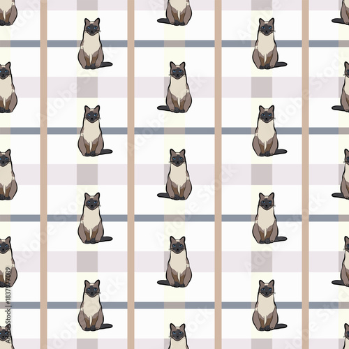 Seamless pattern with Siamese cat in different poses on checkered gingham background. ideal for stationery, fabric, packaging and cozy pet-themed designs