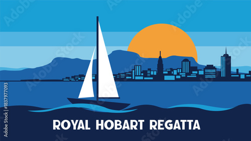 Royal Hobart Regatta Illustration – Sailing Boat, City Skyline, Sunset
