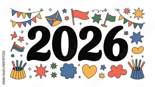 Vintage 2026: A playful and nostalgic illustration featuring the year 2026, embellished with whimsical elements and a cheerful, retro aesthetic. 
