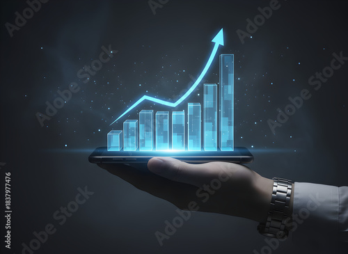 Futuristic Bar Chart and Arrow Rising from Smartphone in Dark Space