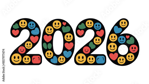 New Year’s optimism: A colorful 2026, crafted with smileys and hearts, represents joyful anticipation, looking forward with positivity.