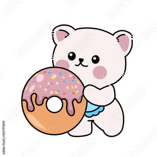 Adorable cartoon bear holding a colorful donut.
