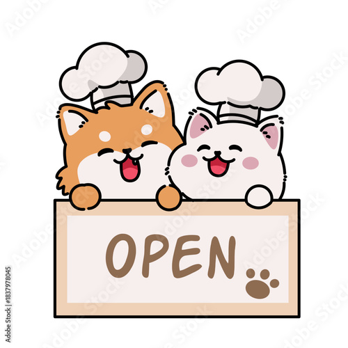 Adorable cartoon cats dressed as chefs holding an OPEN sign, ideal for café branding, bakery promotions, and cute signage designs.